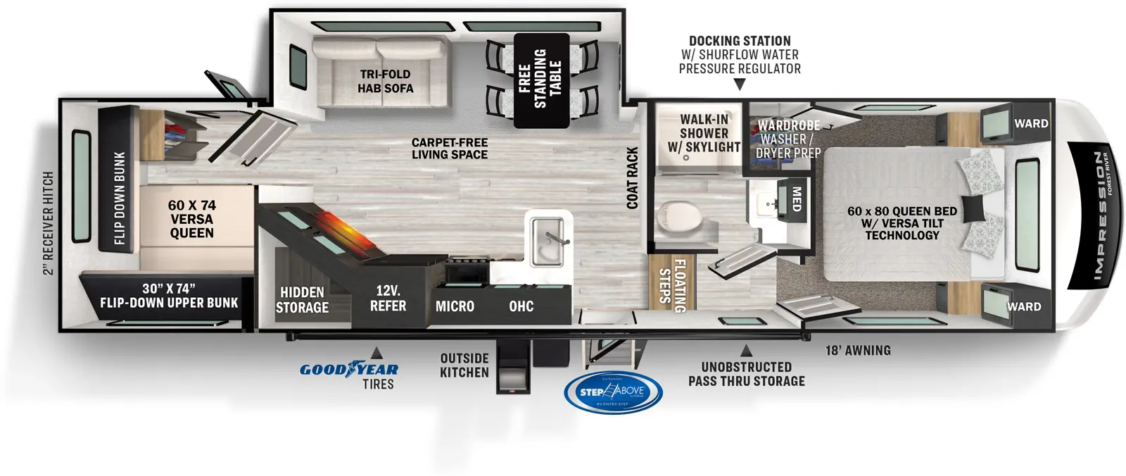 The 290VB has one slideout and one entry. Exterior features 18 foot awning, unobstructed pass-thru storage, docking station with shurflow water pressure regulator, goodyear tires, MORryde Step Above Entry Steps, outside kitchen, and two inch receiver hitch. Interior layout front to back: front queen bed with wardrobes on either side, wardrobe with washer/dryer prep; off-door side aisle bathroom with walk-in shower with skylight and medicine cabinet; floating steps down to living area with carpet-free living space; entry door and coat rack on inner wall; off-door side slideout with free-standing table and chairs, and tri-fold hide-a-bed sofa; door side kitchen counter with sink, overhead cabinets, microwave, cooktop, oven, 12 volt refrigerator and angled entertainment center with hidden storage behind; rear bunk room with access door to off-door side, lower versa queen bed, and a rear flip-down bunk and door side flip down bunk.